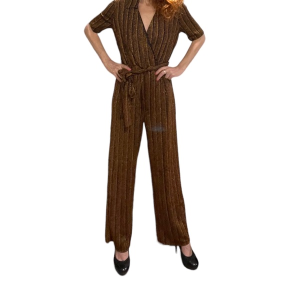 Alexa B Nites Pants - Alexa B Nites Bronze & Black Striped Metallic Jumpsuit Size 4